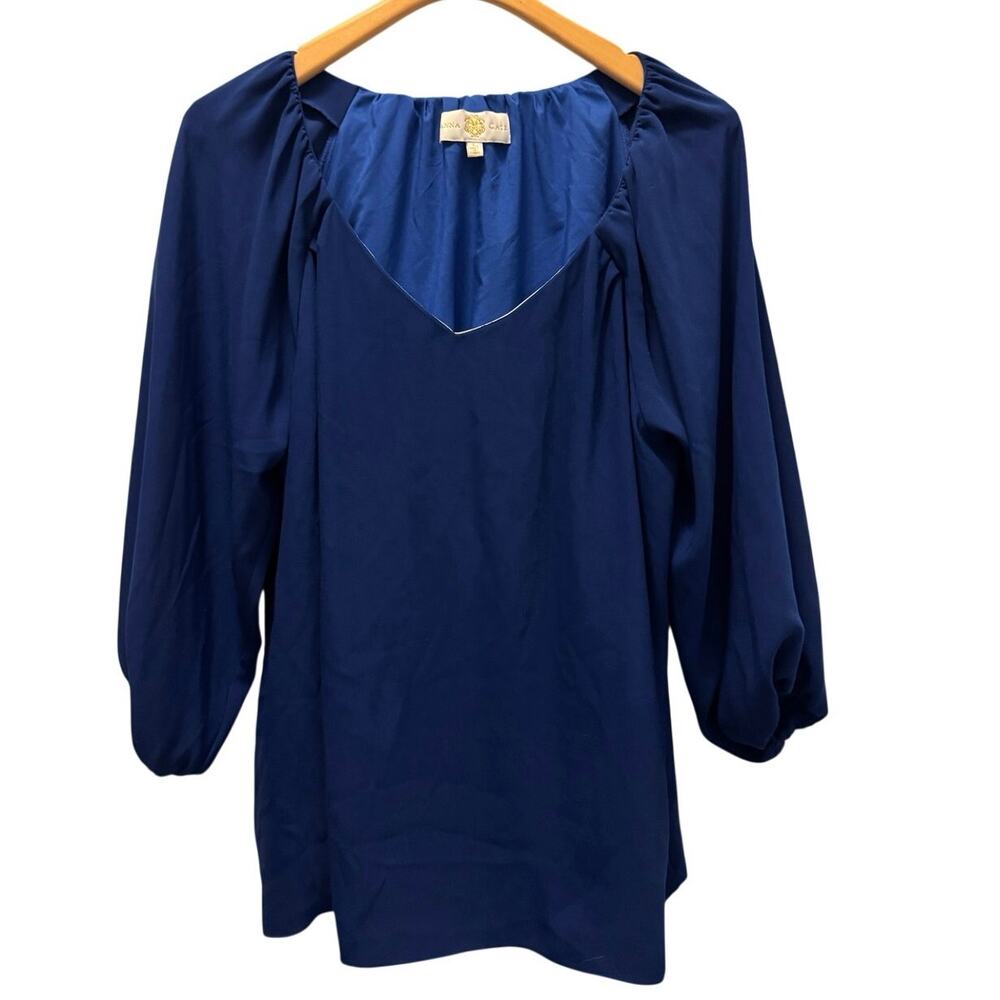 Anna Cate Top L Women Blouse Royal Blue V-Neck Long Balloon Sleeve Peasant Large